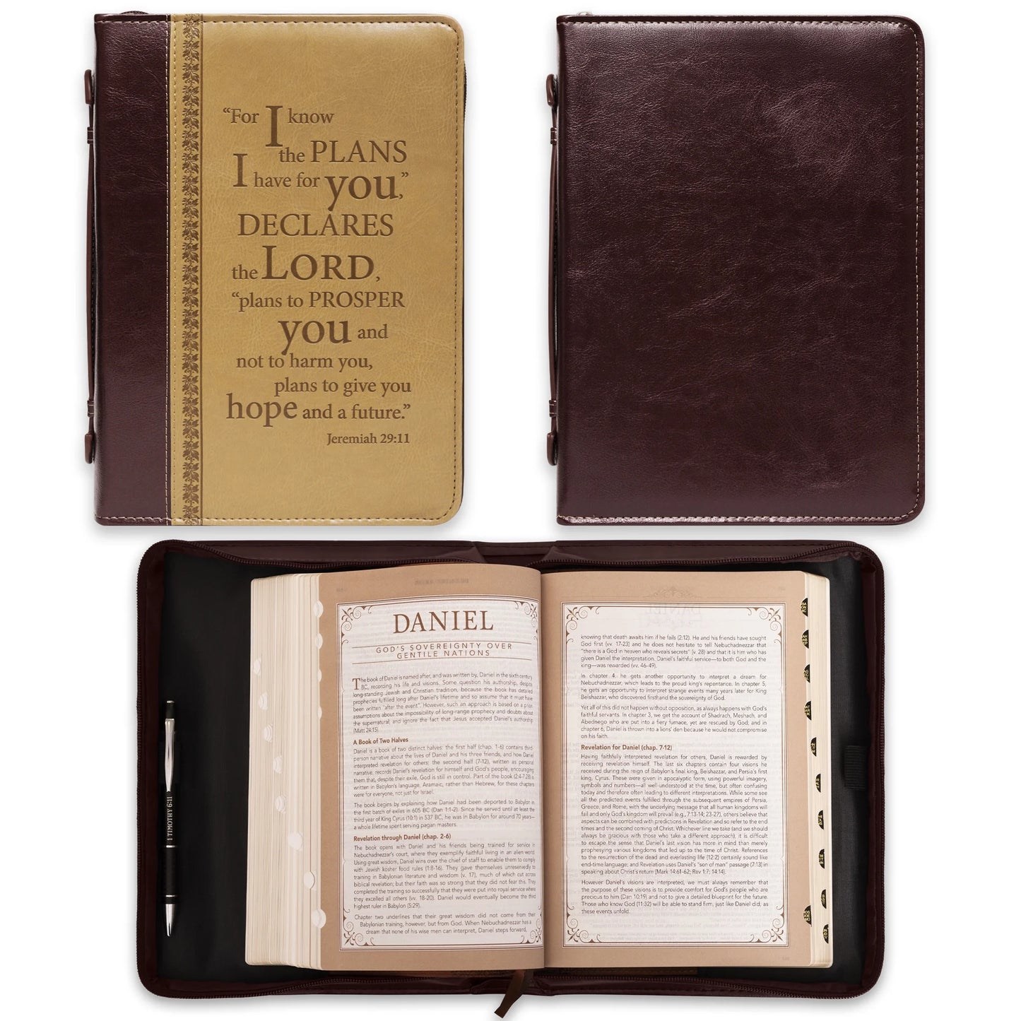 Christian Art Gifts Tan Faux Leather Bible Cover for Men and Women I Know the Plans - Jeremiah 29:11 Zippered Case for Bible or Book with Handle, Extra Large