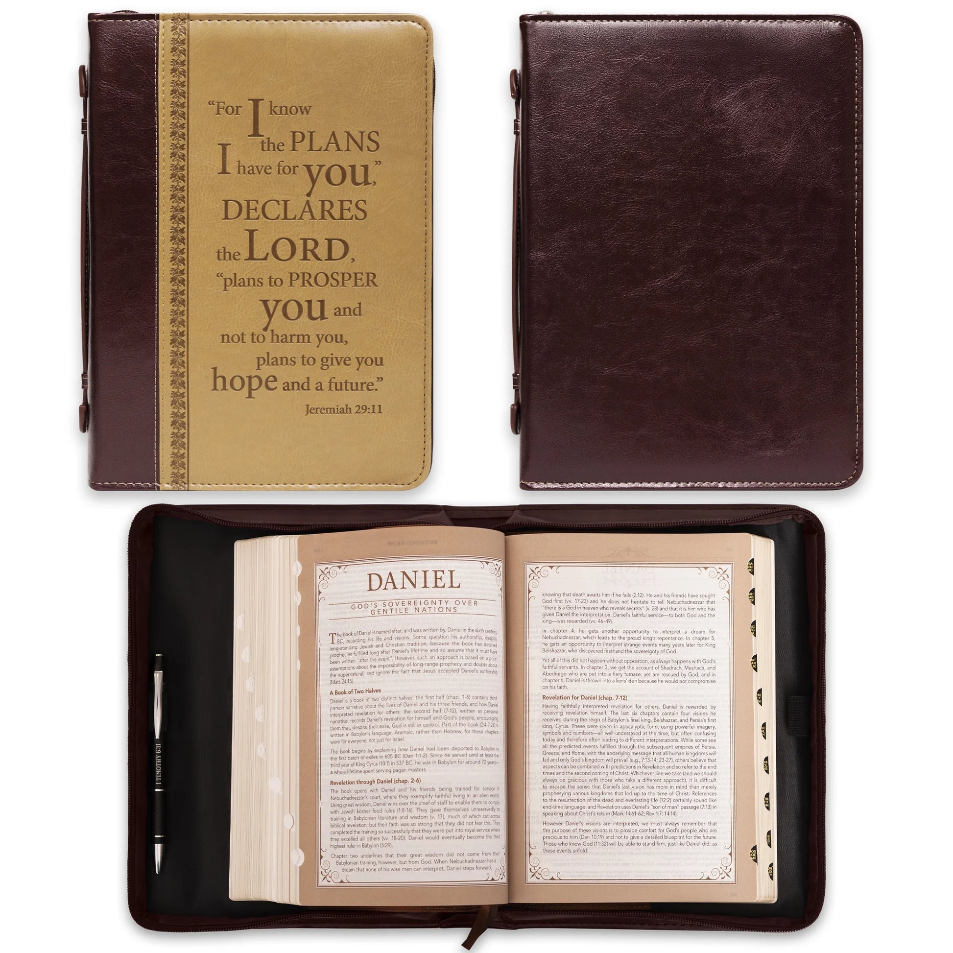 Christian Art Gifts Tan Faux Leather Bible Cover for Men and Women I Know the Plans - Jeremiah 29:11 Zippered Case for Bible or Book with Handle, Extra Large