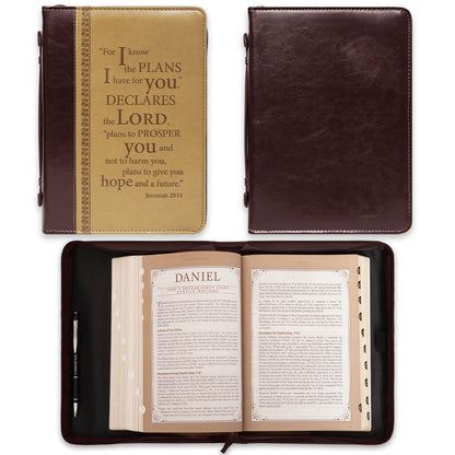 Christian Art Gifts Tan Faux Leather Bible Cover for Men and Women I Know the Plans - Jeremiah 29:11 Zippered Case for Bible or Book with Handle, Extra Large