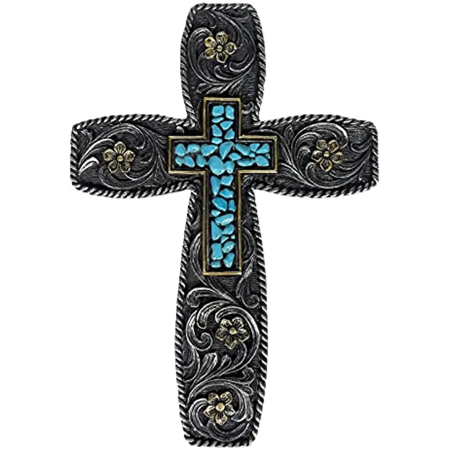 Urbalabs Western Tooled Teal Floral Flower Country Ranch Religious Wall Decor 12" Christian Wall Cross Decor Marriage Gifts Tooled Wall Hanging Crosses Turquoise Gem Stone