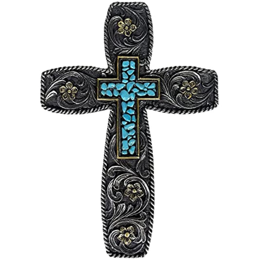 Urbalabs Western Tooled Teal Floral Flower Country Ranch Religious Wall Decor 12" Christian Wall Cross Decor Marriage Gifts Tooled Wall Hanging Crosses Turquoise Gem Stone