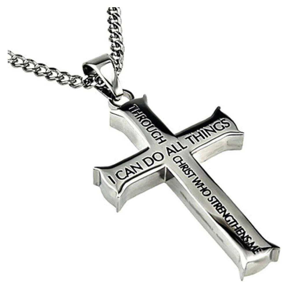 Philippians 4:13 Jewelry Cross Necklace STRENGTH Bible Verse Stainless Steel Curb Chain