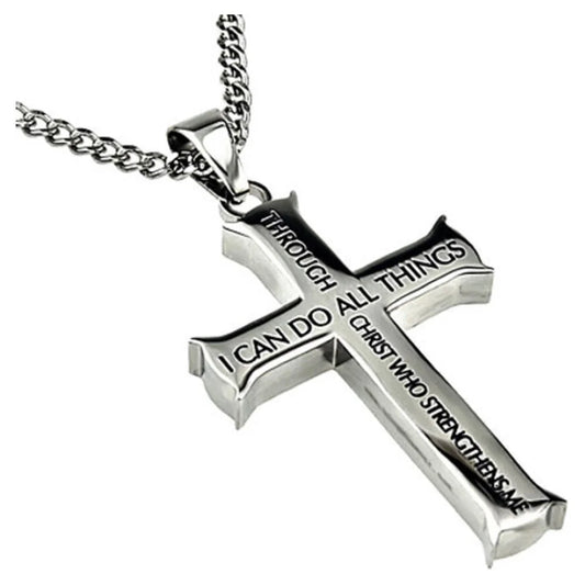 Philippians 4:13 Jewelry Cross Necklace STRENGTH Bible Verse Stainless Steel Curb Chain