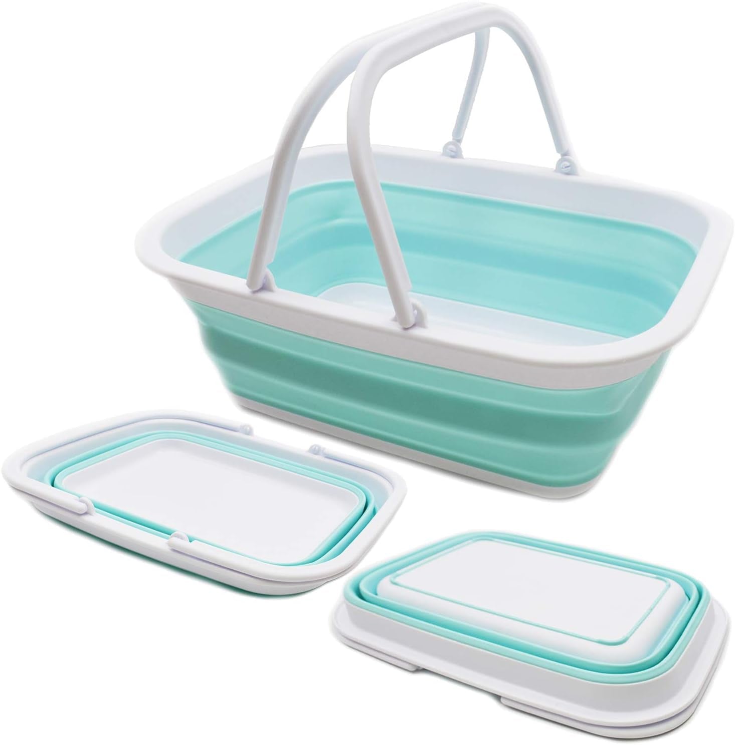 SAMMART 9.2L (2.37Gallon) Collapsible Tub with Handle - Portable Outdoor Picnic Basket/Crater - Foldable Shopping Bag - Space Saving Storage Container (1, White/Lake Green)