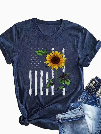 American Flag - Printed Round Neck T-Shirt Casual And Loose - Daily Wear - Women's Clothing