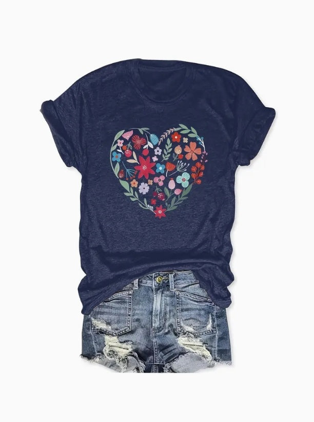 Flowers - Printed Round Neck T-Shirt Casual And Loose - Daily Wear - Women's Clothing