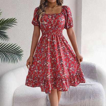 Floral Print Square Collar Dress Summer Fashion Ruffles Dresses Women's Clothing