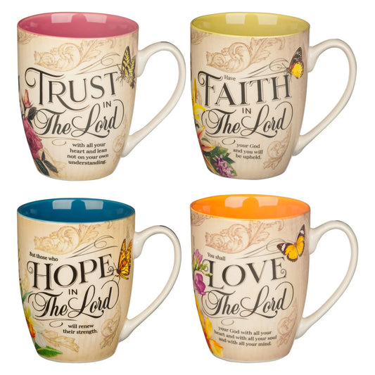 Christian Art Gifts Novelty Floral Ceramic Scripture Coffee & Tea Mug Set: Hope, Trust, Faith, Love - 4 Fancy Medium 12 Oz. Cups W/Butterflies & Bible Verses, Multicolor Blue/Pink/Green/Orange Floral