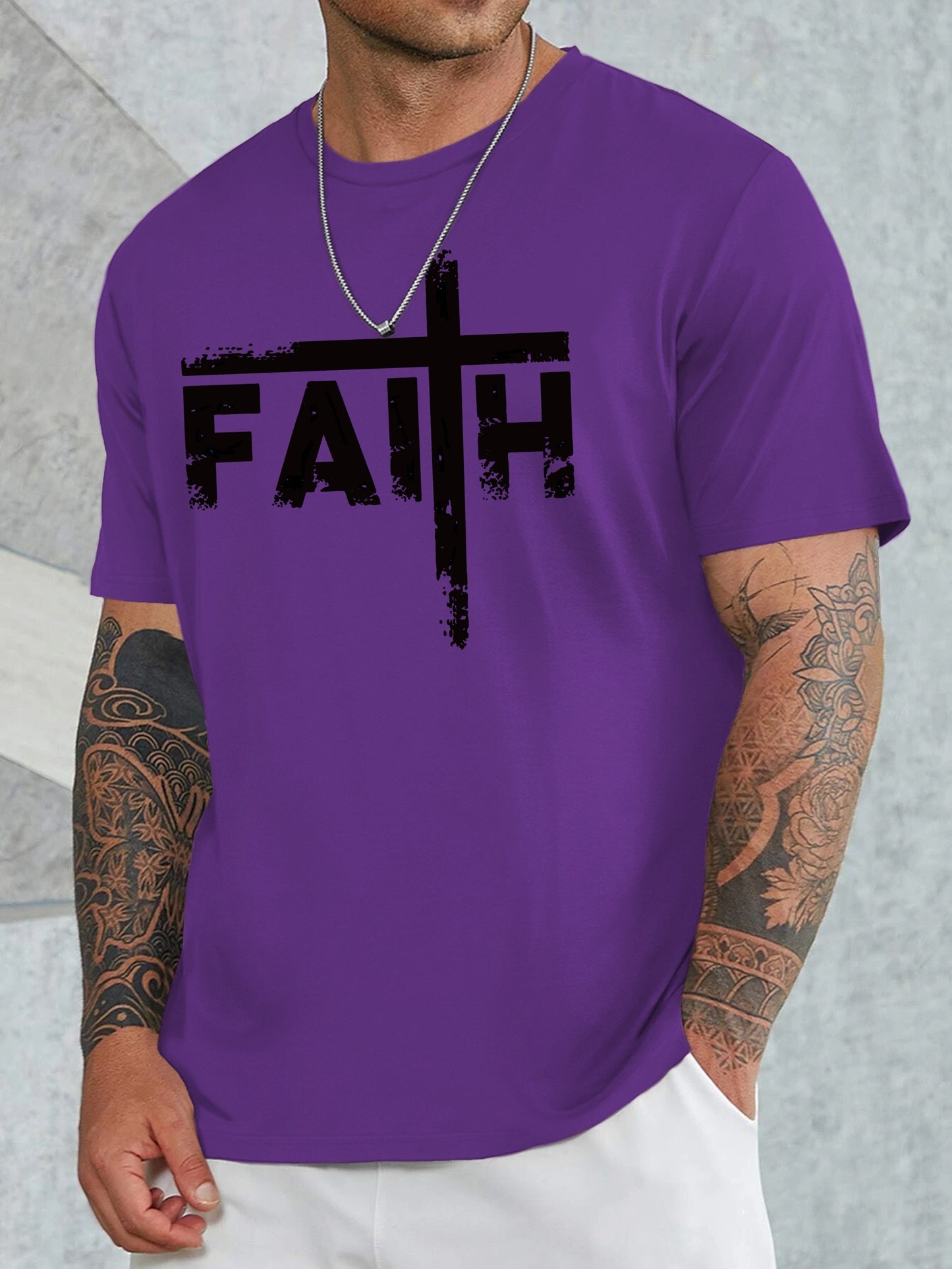 Large Men's Casual Fashion Sports T-shirt, Faith Pattern Round Neck Comfortable T-shirt Summer Clothing