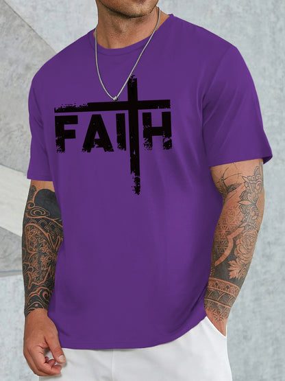 Large Men's Casual Fashion Sports T-shirt, Faith Pattern Round Neck Comfortable T-shirt Summer Clothing