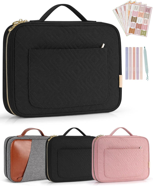 Bible Cover Case for Women, Bible Study Supplies, Bible Journaling Kit, 6 No Bleed Bible Highlighters and Pens, 75 Bible Tabs, Large Size Zippered Bible Bags (Black)