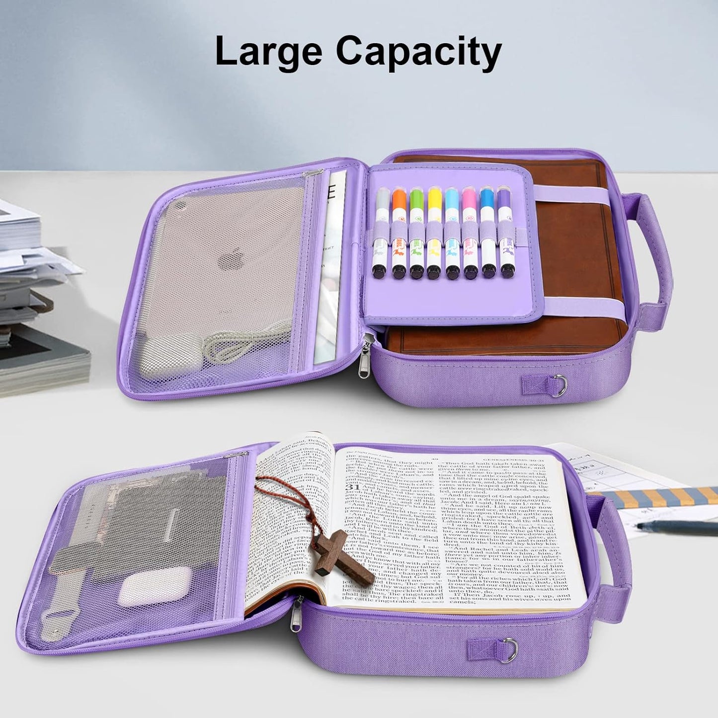 FINPAC Large Bible Cover W/Shoulder Strap, Carrying Book Case Church Bag Bible Protective W/Pen Slots and Zippered Pocket, Gift for Women Lady, Lilac