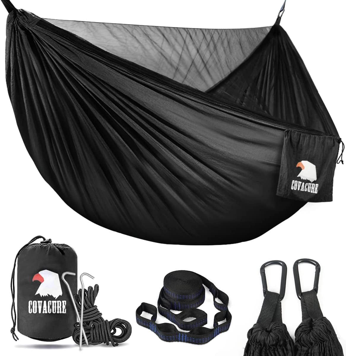 Covacure Camping Hammock - Lightweight Double Hammock, Hold up to 772Lbs, Portable Hammocks for Indoor, Outdoor, Hiking, Camping, Backpacking, Travel, Backyard, Beach(Black)