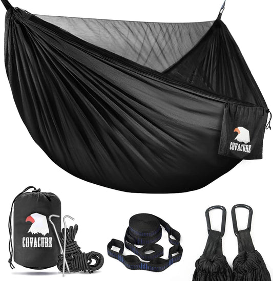 Covacure Camping Hammock - Lightweight Double Hammock, Hold up to 772Lbs, Portable Hammocks for Indoor, Outdoor, Hiking, Camping, Backpacking, Travel, Backyard, Beach(Black)
