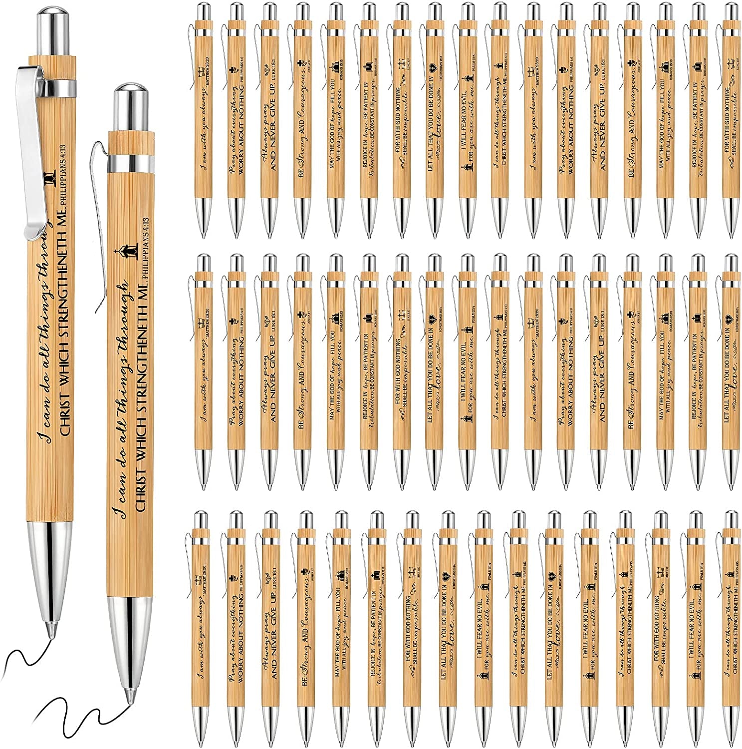 50 Pack Bible Verse Bamboo Retractable Ballpoint Pens Christian Pens Inspirat...