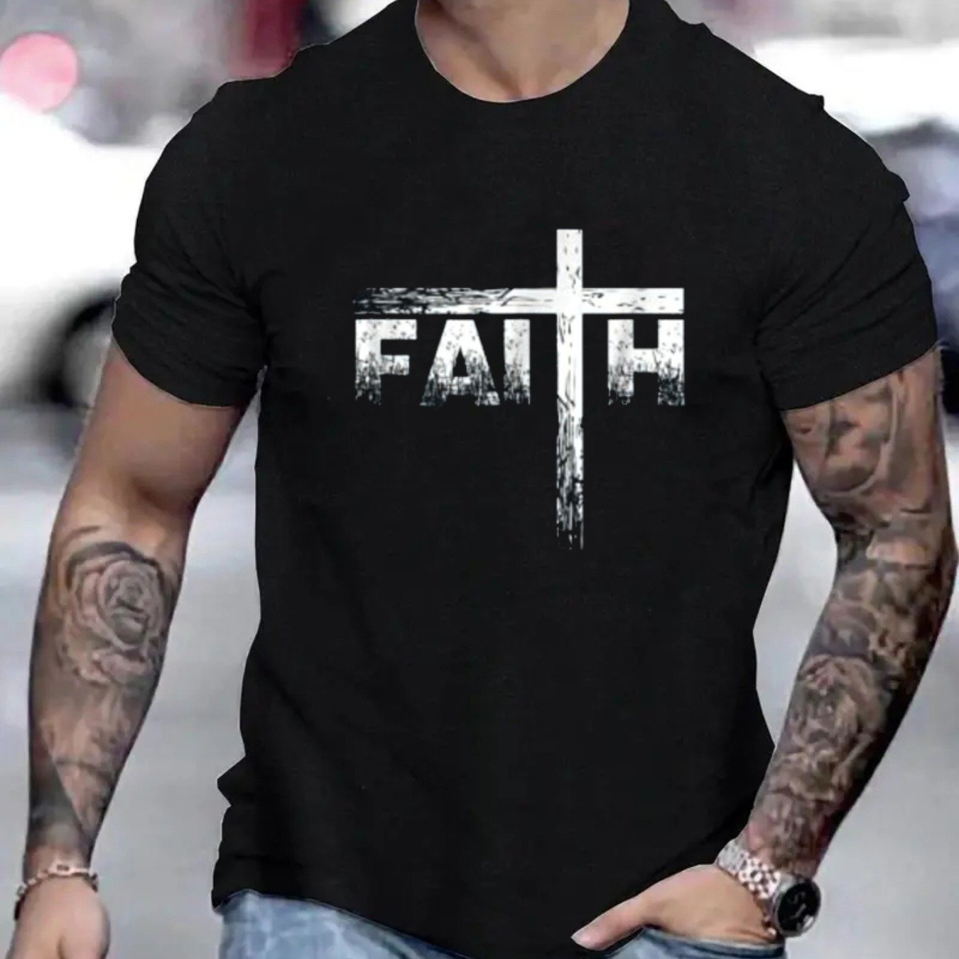 Faith Print Men's Round Neck Fashionable Short Sleeved Sports T-shirt, Comfortable And Versatile, Suitable For Summer And Spring, Sports Style, Comfortable Fit T-shirt, As A Gift