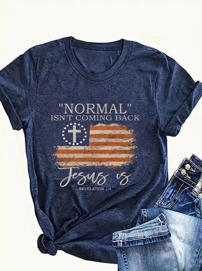 American Flag - Printed Round Neck T-Shirt Casual And Loose - Daily Wear - Women's Clothing