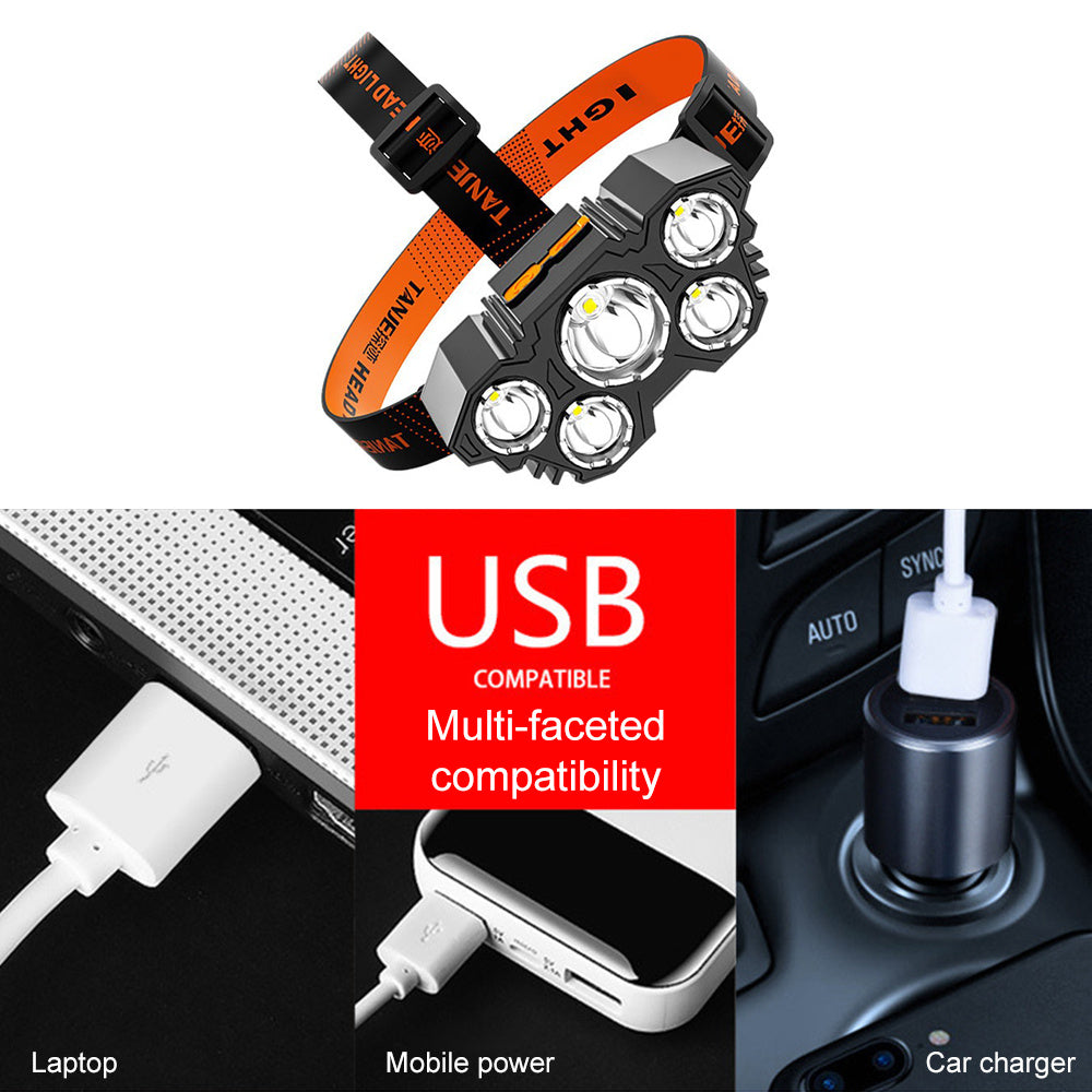 USB Strong Light Super Bright Rechargeable Fishing Five Head Lamp