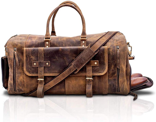 Komalc Leather Travel Duffel Bags for Men and Women Full Grain Leather Overnight Weekend Leather Bags Sports Gym Duffle