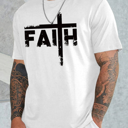 Large Men's Casual Fashion Sports T-shirt, Faith Pattern Round Neck Comfortable T-shirt Summer Clothing