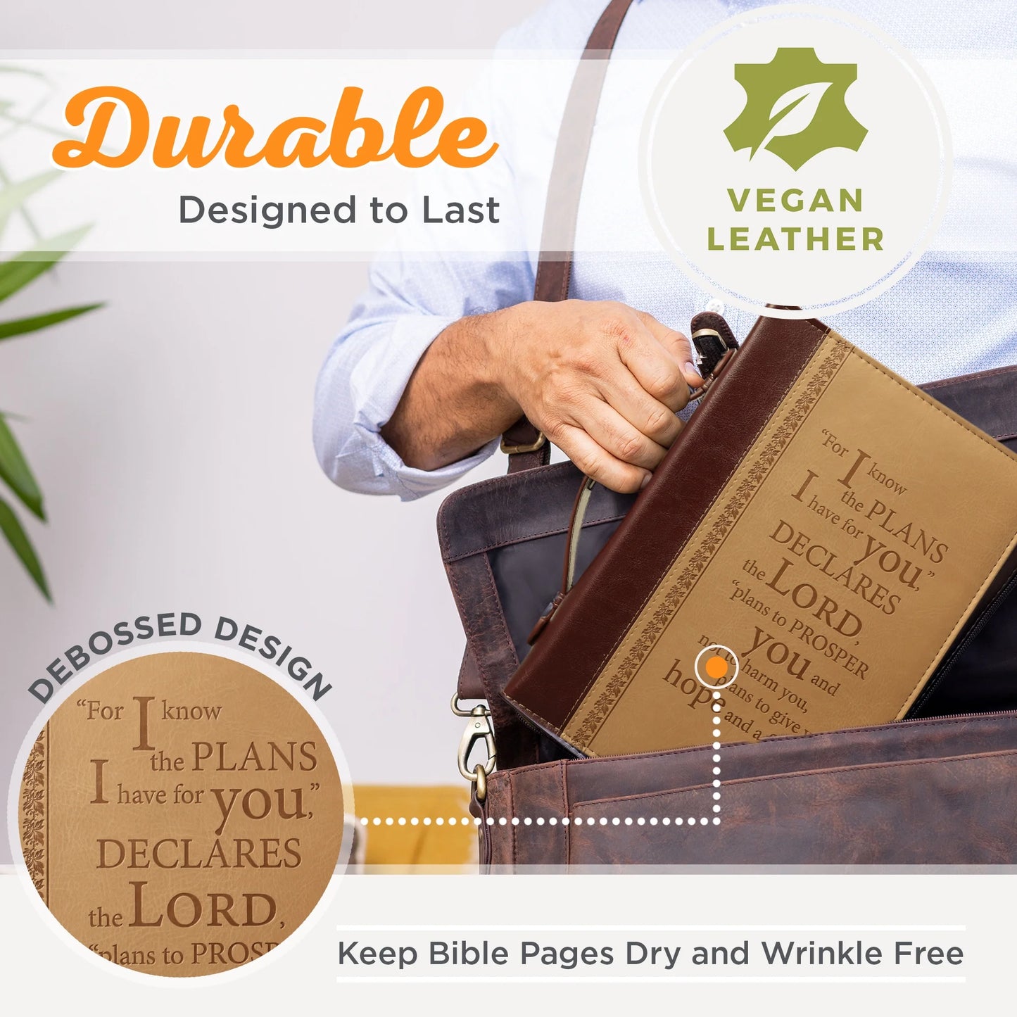 Christian Art Gifts Tan Faux Leather Bible Cover for Men and Women I Know the Plans - Jeremiah 29:11 Zippered Case for Bible or Book with Handle, Extra Large