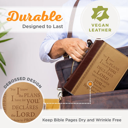 Christian Art Gifts Tan Faux Leather Bible Cover for Men and Women I Know the Plans - Jeremiah 29:11 Zippered Case for Bible or Book with Handle, Extra Large
