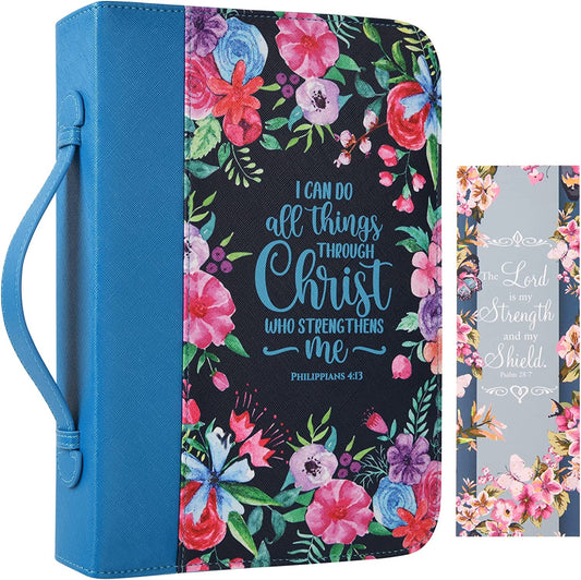 Bible Covers Case for Women Large Leather Bible Carrying Cases Holder Pink 10.8"X7.8"X2" Floral Bible Carrier Tote Bags with Bookmarks Handles Pockets Christian Bible Book Accessories Gifts