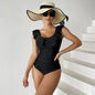 One-piece Bikini Black Polyester Fabric Lotus Leaf Flying Edge Plus Size Conservative Swimwear Women