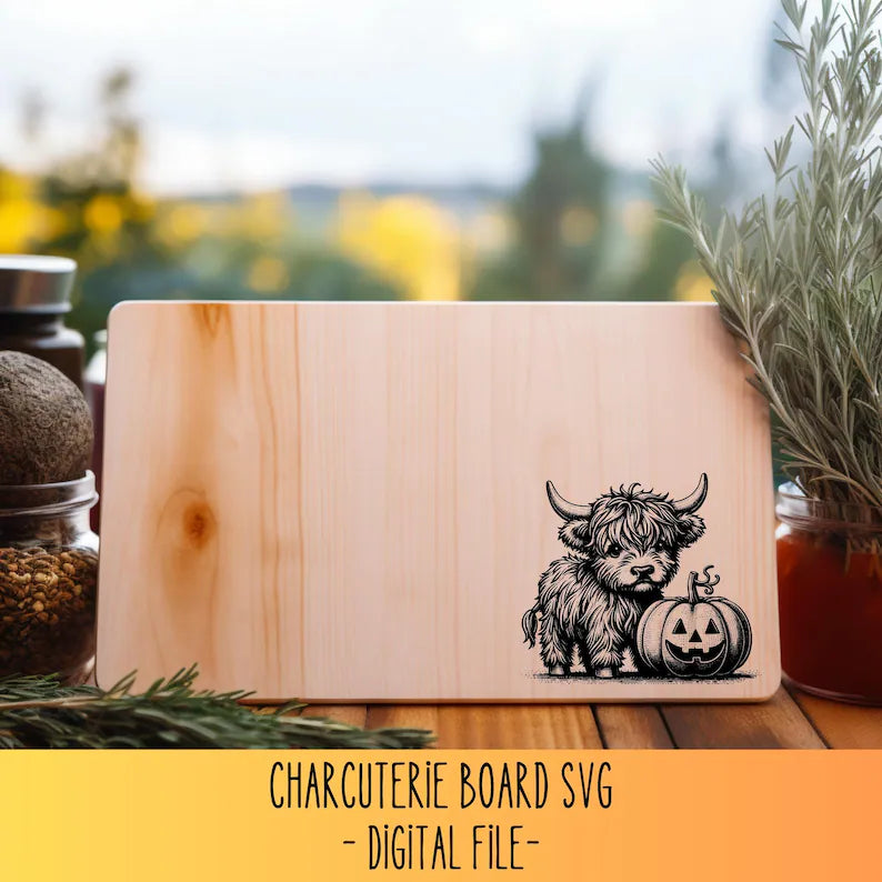 Highland Cow Pumpkin Charcuterie Board – Fall Cottagecore Cutting Board & Cheese Board Design