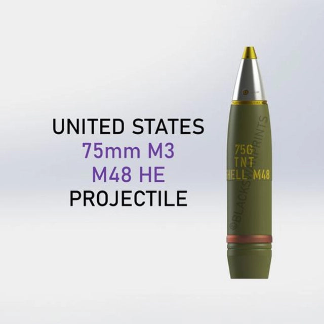 WW2 U.S. M48 HE Shell for 75mm M3 Cannon (WWII) Full-Size 3D Printed Replica