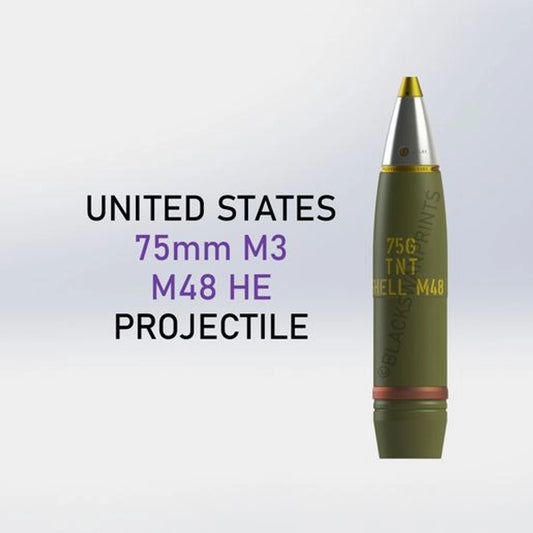 WW2 U.S. M48 HE Shell for 75mm M3 Cannon (WWII) Full-Size 3D Printed Replica